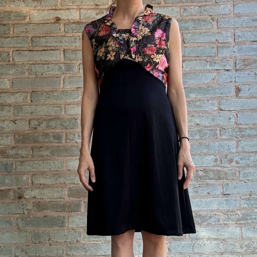 Vintage Cocktail Dress 60s 70s Lurex Floral Fit Flare A-line Sleeveless Midi - Picture 2 of 15